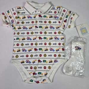 Vintage Y2K Baby Romper Set First Moments 6-9M Construction Trucks Polo